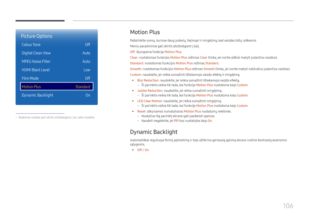 Samsung LH65DMEXTBC/EN manual 106, Motion Plus, Dynamic Backlight 