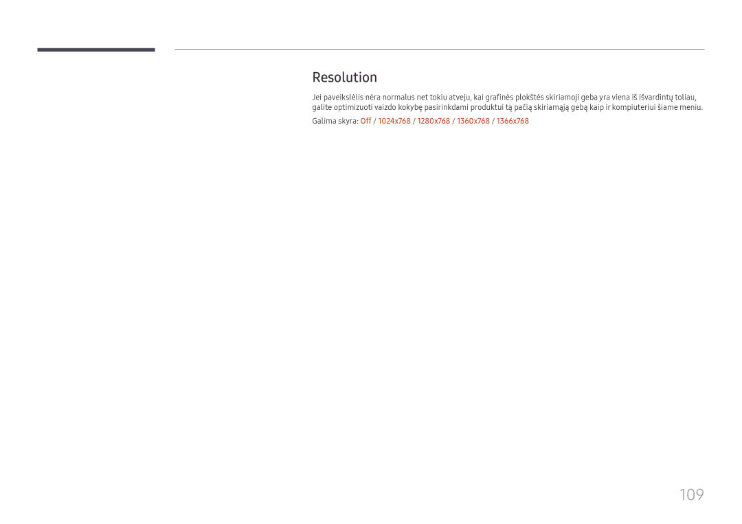 Samsung LH65DMEXTBC/EN manual 109, Resolution, Galima skyra Off / 1024x768 / 1280x768 / 1360x768 