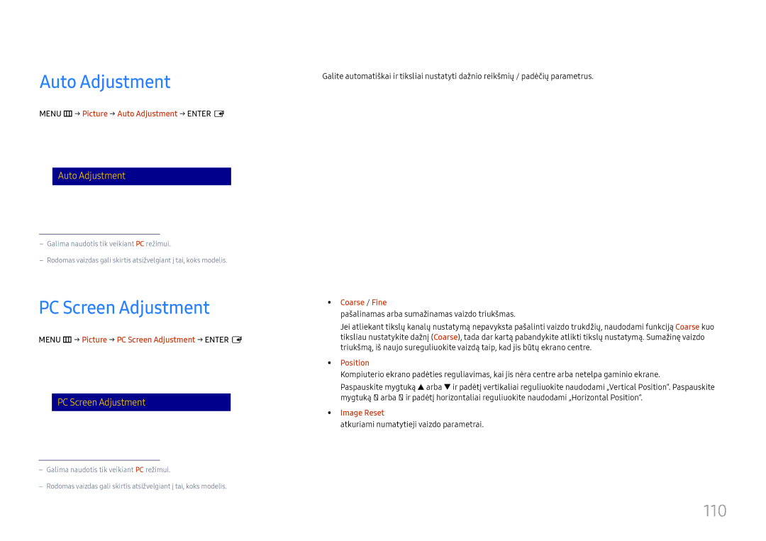 Samsung LH65DMEXTBC/EN manual Auto Adjustment, PC Screen Adjustment, 110 