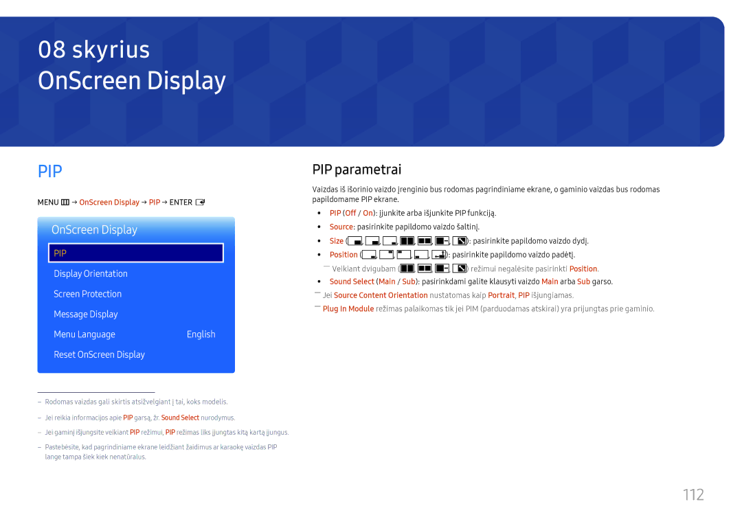 Samsung LH65DMEXTBC/EN manual 112, PIP parametrai, Reset OnScreen Display 