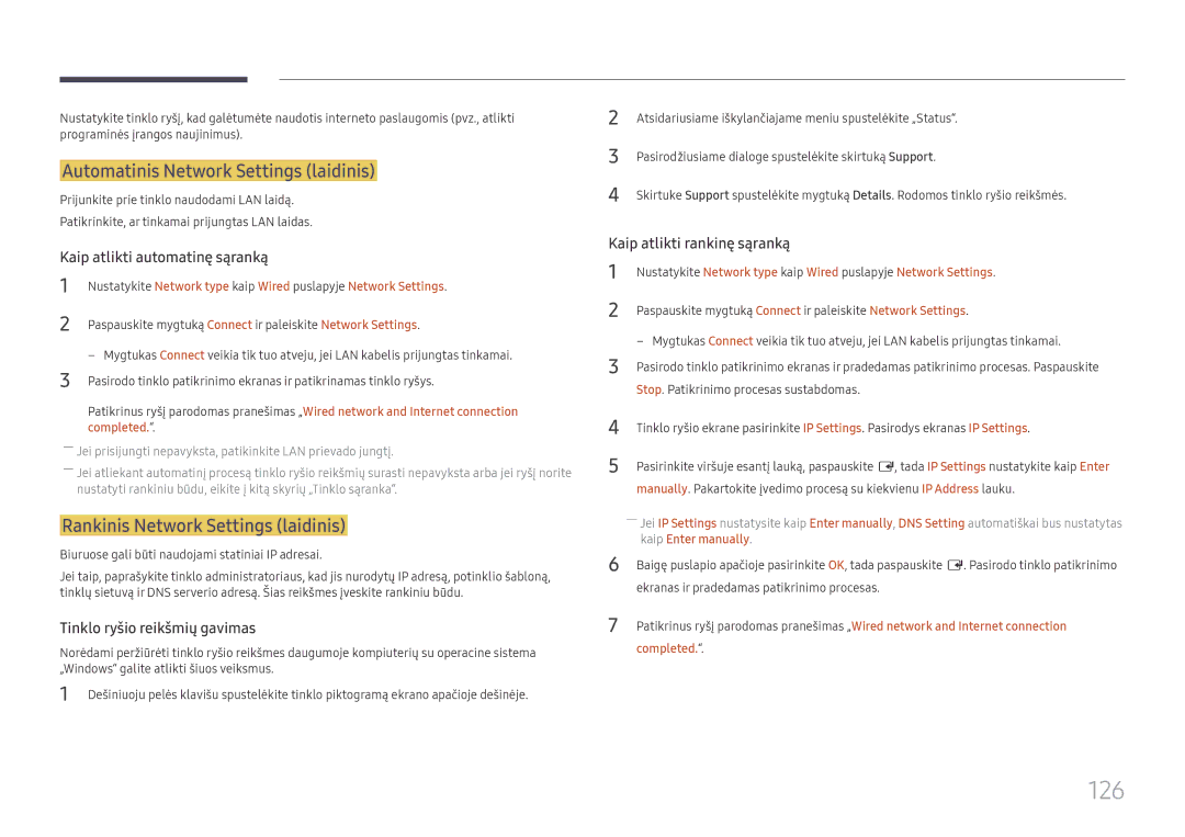 Samsung LH65DMEXTBC/EN manual 126, Automatinis Network Settings laidinis, Rankinis Network Settings laidinis 