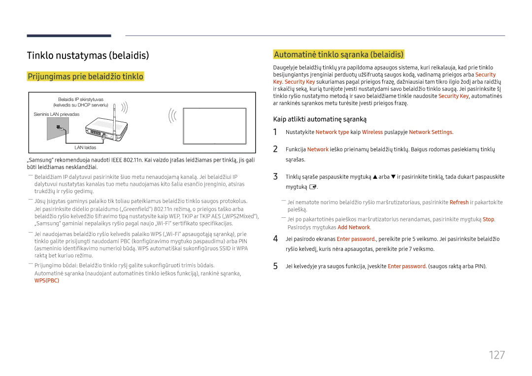 Samsung LH65DMEXTBC/EN manual 127, Tinklo nustatymas belaidis, Prijungimas prie belaidžio tinklo 