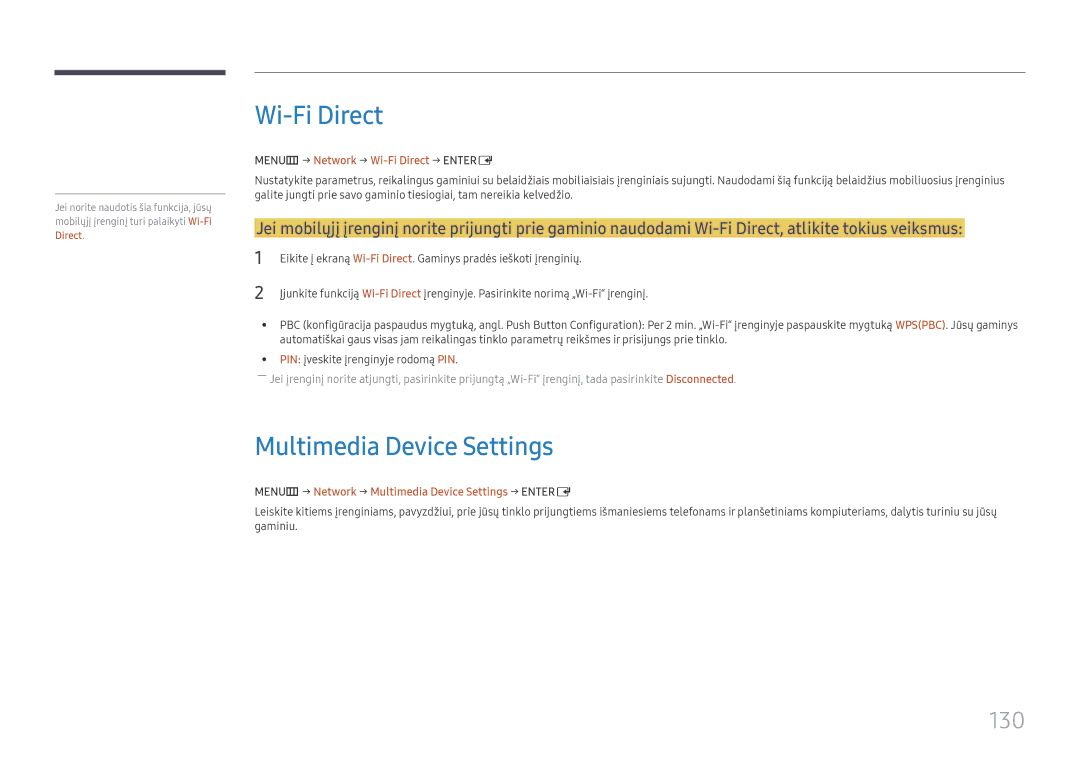 Samsung LH65DMEXTBC/EN manual Multimedia Device Settings, 130, MENUm → Network → Wi-Fi Direct → Entere 