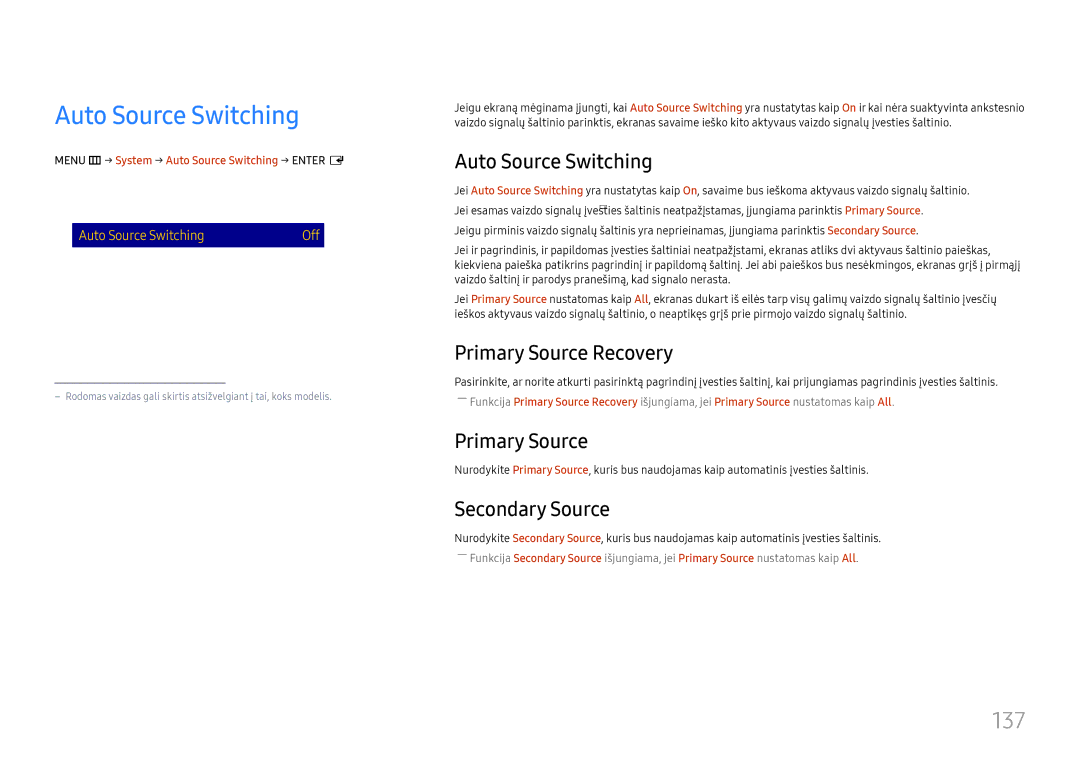 Samsung LH65DMEXTBC/EN manual Auto Source Switching, 137 