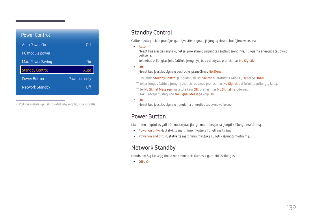 Samsung LH65DMEXTBC/EN manual 139, Standby Control, Power Button, Network Standby 