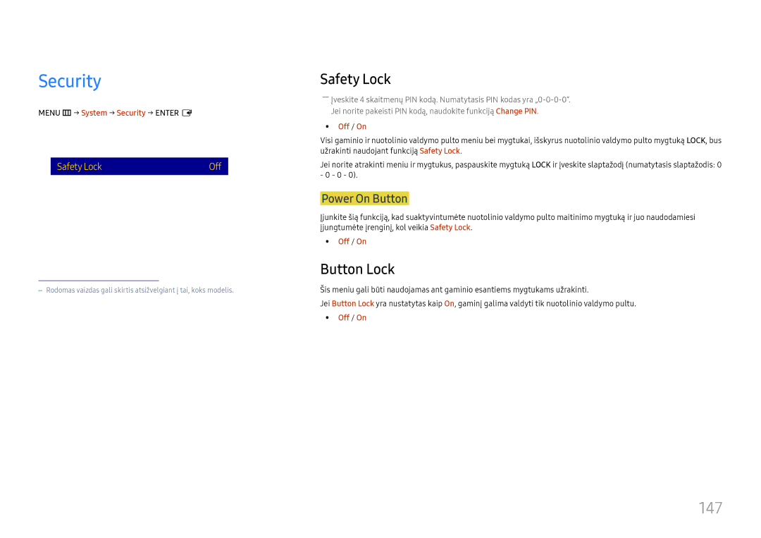 Samsung LH65DMEXTBC/EN manual Security, 147, Safety Lock, Button Lock 