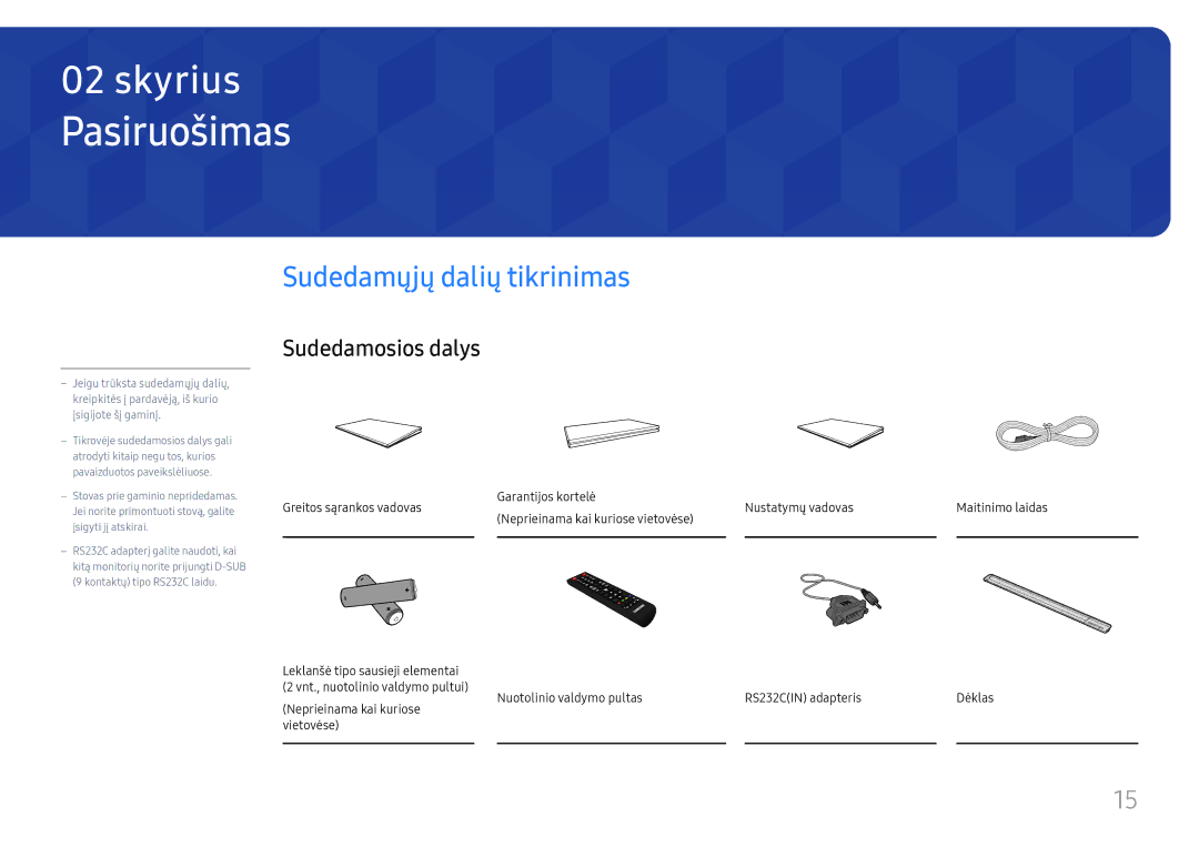 Samsung LH65DMEXTBC/EN manual Pasiruošimas, Sudedamųjų dalių tikrinimas, Sudedamosios dalys 