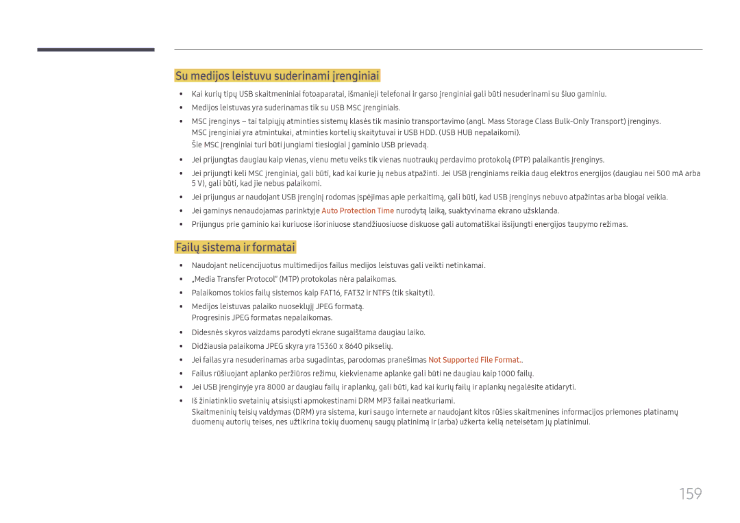 Samsung LH65DMEXTBC/EN manual 159, Su medijos leistuvu suderinami įrenginiai, Failų sistema ir formatai 