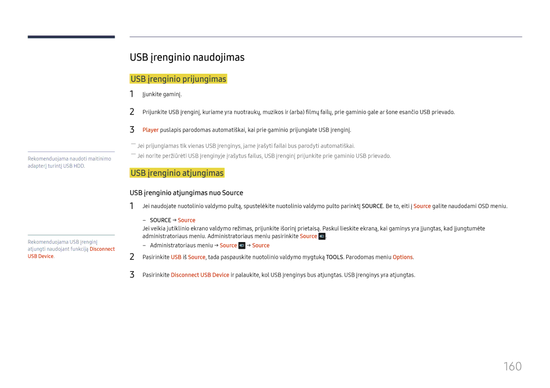 Samsung LH65DMEXTBC/EN manual 160, USB įrenginio naudojimas, USB įrenginio prijungimas, USB įrenginio atjungimas 