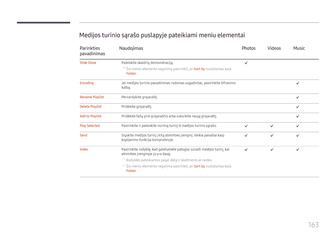 Samsung LH65DMEXTBC/EN manual 163, Medijos turinio sąrašo puslapyje pateikiami meniu elementai 