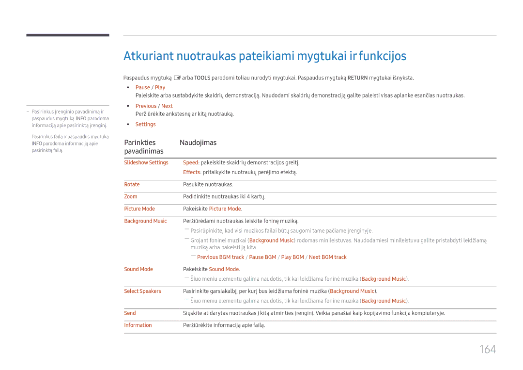 Samsung LH65DMEXTBC/EN manual Atkuriant nuotraukas pateikiami mygtukai ir funkcijos, 164 