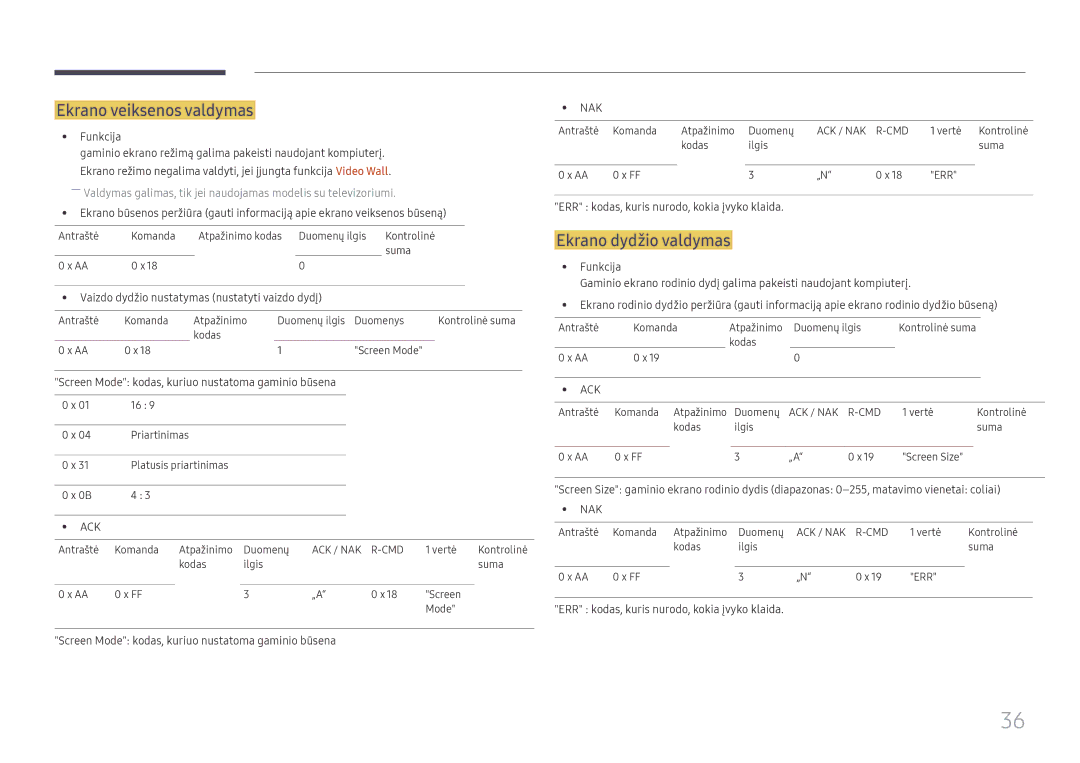 Samsung LH65DMEXTBC/EN manual Ekrano veiksenos valdymas, Ekrano dydžio valdymas, Funkcija 