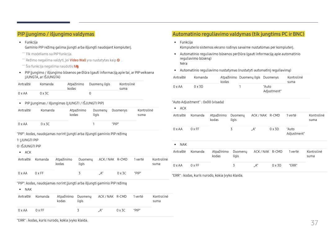 Samsung LH65DMEXTBC/EN manual PIP įjungimo / išjungimo valdymas, Automatinio reguliavimo valdymas tik jungtims PC ir BNC 