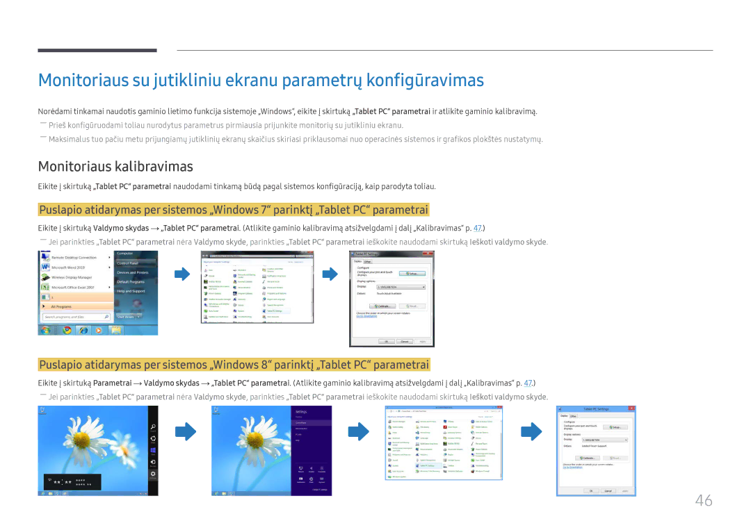 Samsung LH65DMEXTBC/EN manual Monitoriaus su jutikliniu ekranu parametrų konfigūravimas, Monitoriaus kalibravimas 