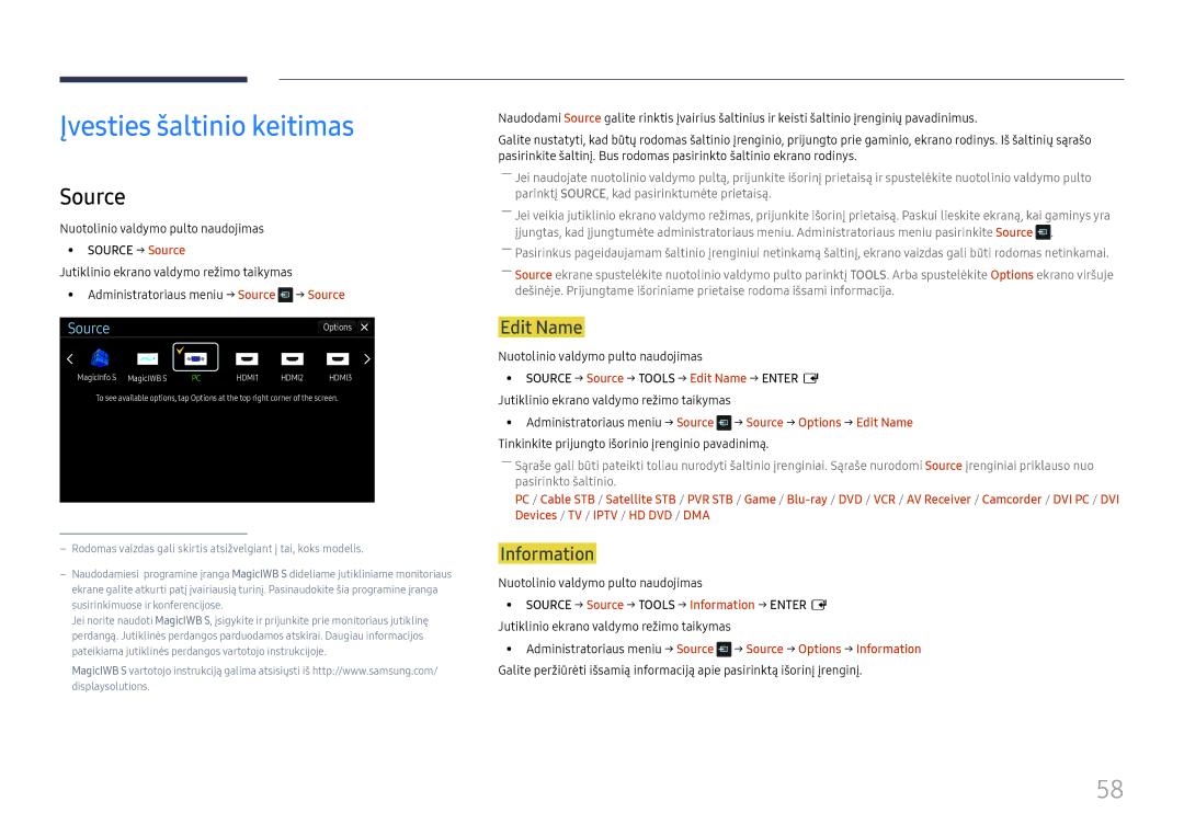 Samsung LH65DMEXTBC/EN manual Įvesties šaltinio keitimas, Source, Edit Name, Information 