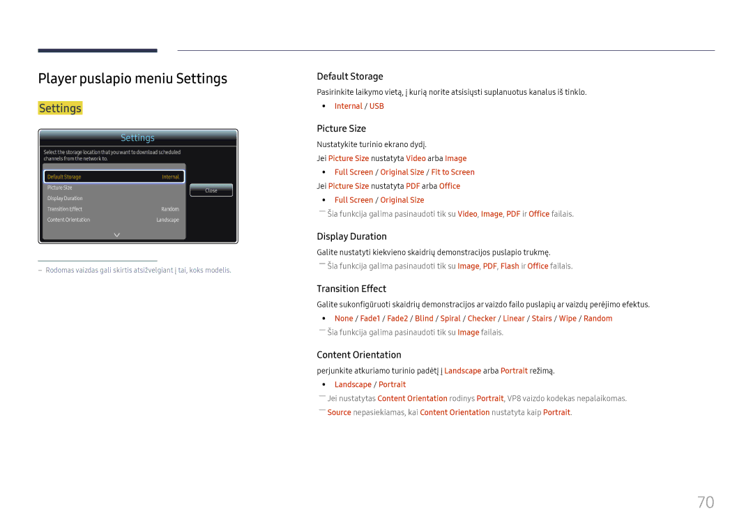 Samsung LH65DMEXTBC/EN manual Player puslapio meniu Settings 