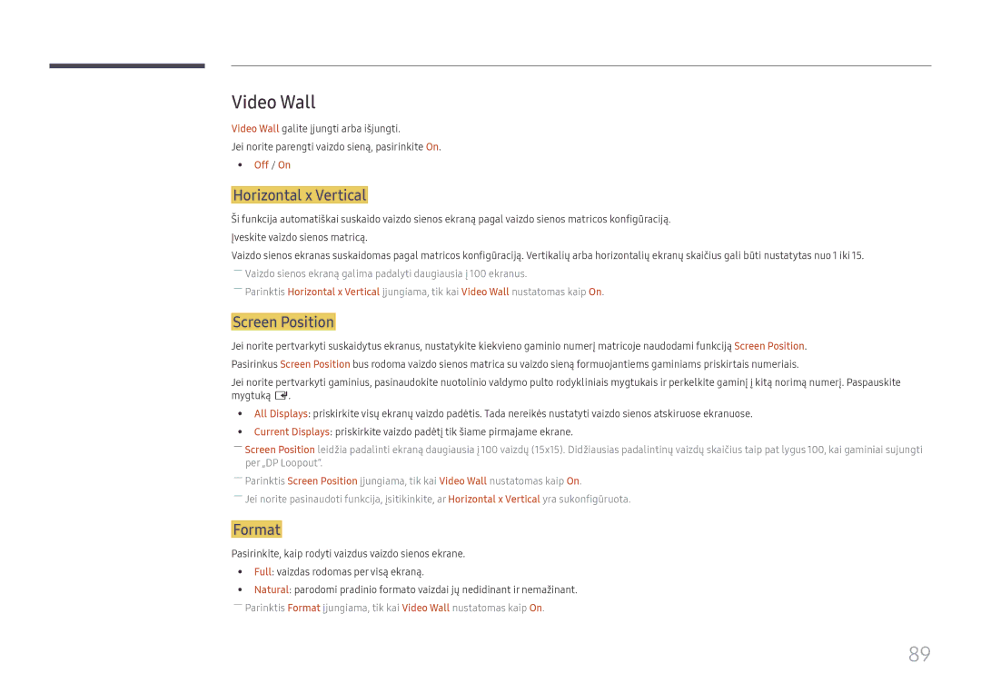 Samsung LH65DMEXTBC/EN manual Video Wall, Horizontal x Vertical, Screen Position, Format, Off / On 