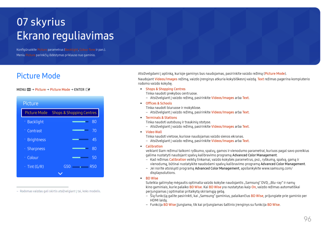 Samsung LH65DMEXTBC/EN manual Ekrano reguliavimas, Menu m → Picture → Picture Mode → Enter E 