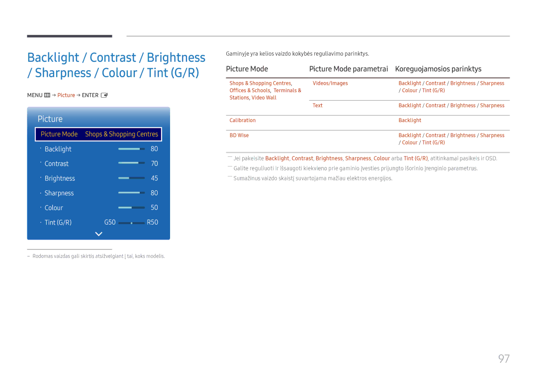 Samsung LH65DMEXTBC/EN manual Koreguojamosios parinktys, Picture Mode parametrai, Menu m → Picture → Enter E 