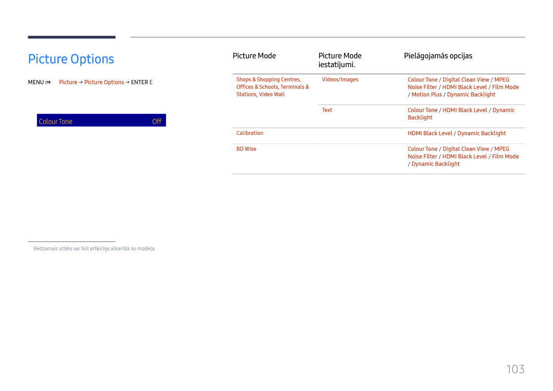 Samsung LH65DMEXTBC/EN manual Picture Options, 103, Dynamic Backlight 