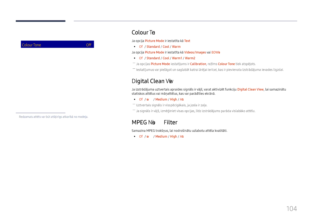 Samsung LH65DMEXTBC/EN manual 104, Colour Tone, Digital Clean View, Mpeg Noise Filter, Off / Low / Medium / High / Auto 