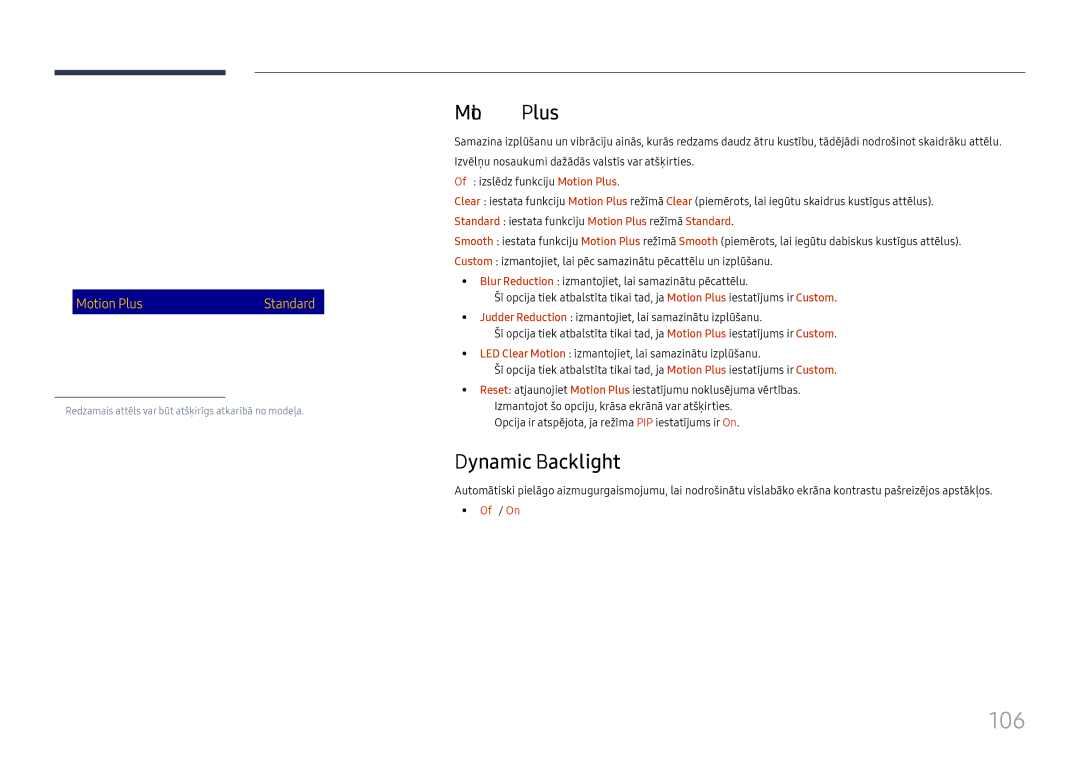 Samsung LH65DMEXTBC/EN manual 106, Dynamic Backlight, Standard iestata funkciju Motion Plus režīmā Standard 