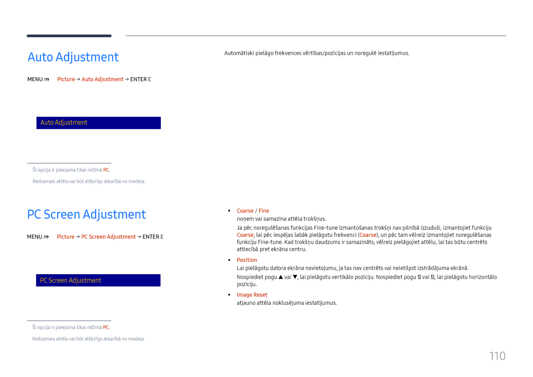 Samsung LH65DMEXTBC/EN manual Auto Adjustment, PC Screen Adjustment, 110 