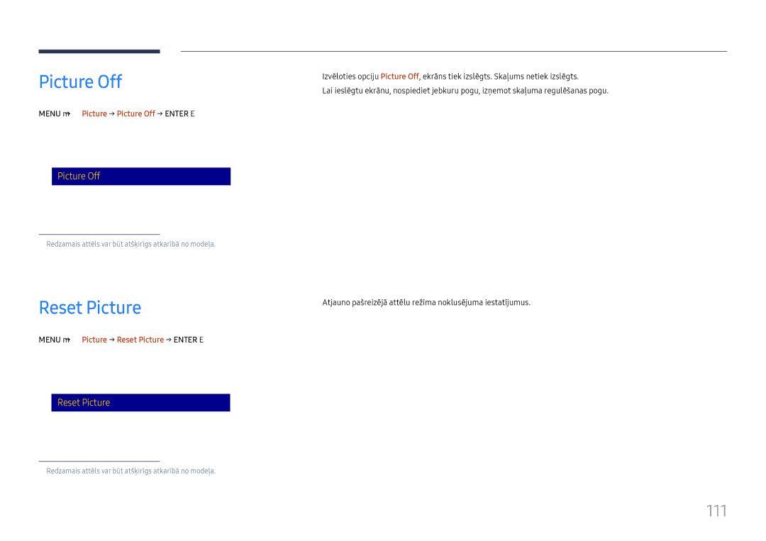 Samsung LH65DMEXTBC/EN manual Reset Picture, 111, Menu m → Picture → Picture Off → Enter E 