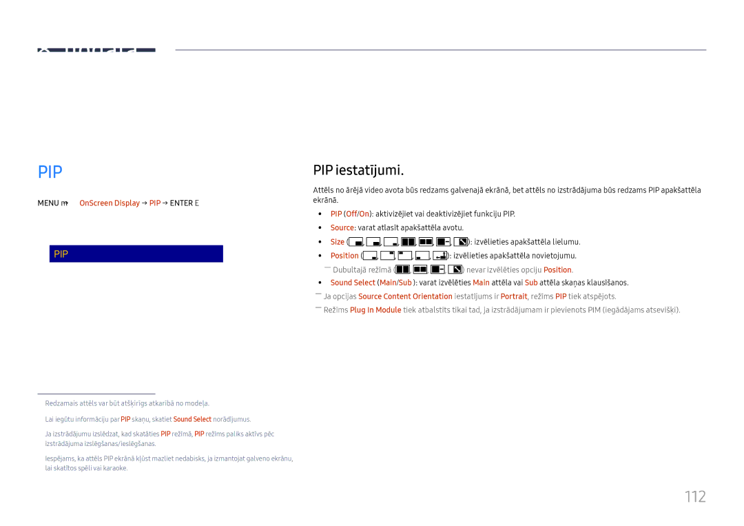 Samsung LH65DMEXTBC/EN manual 112, PIP iestatījumi, Reset OnScreen Display 