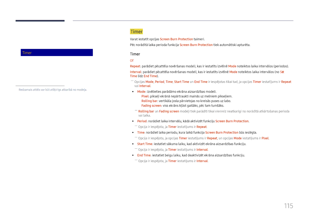 Samsung LH65DMEXTBC/EN manual 115, Screen Burn Protection, Timer 