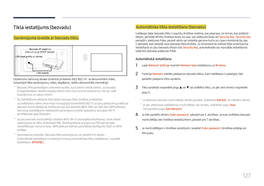 Samsung LH65DMEXTBC/EN manual 127, Automātiska tīkla iestatīšana bezvadu, Savienojuma izveide ar bezvadu tīklu 