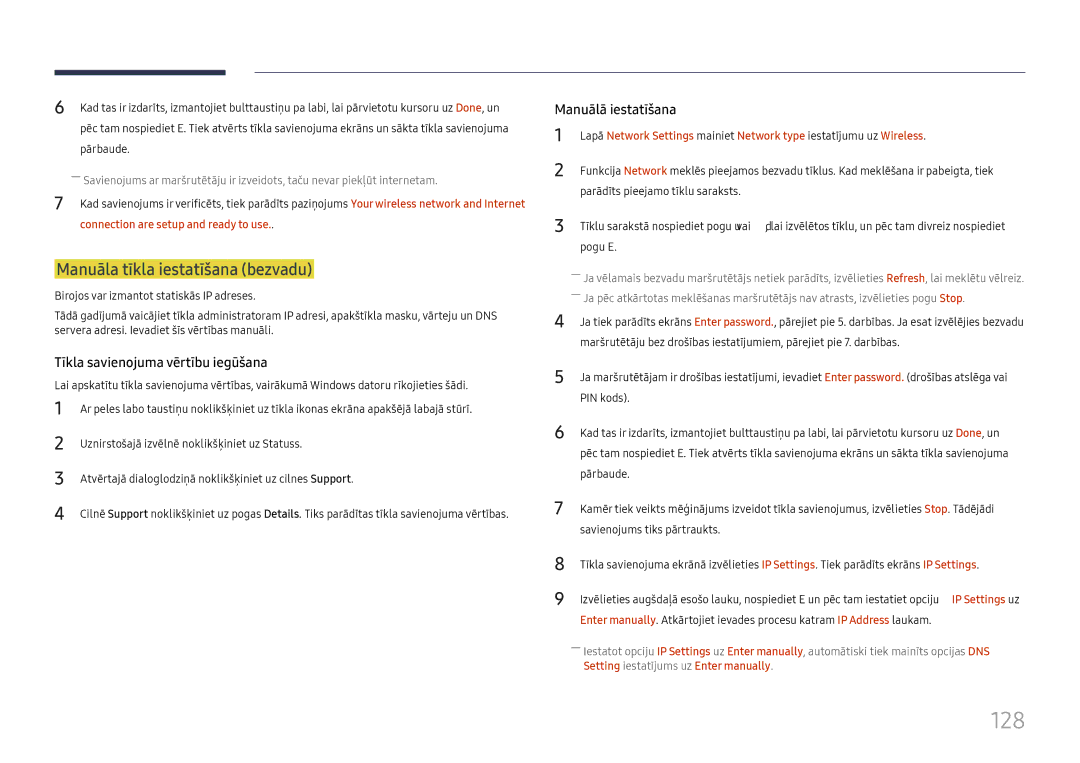 Samsung LH65DMEXTBC/EN manual 128, Manuāla tīkla iestatīšana bezvadu 