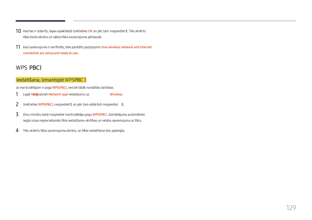 Samsung LH65DMEXTBC/EN manual 129, Iestatīšana, izmantojot Wpspbc, Connection are setup and ready to use 