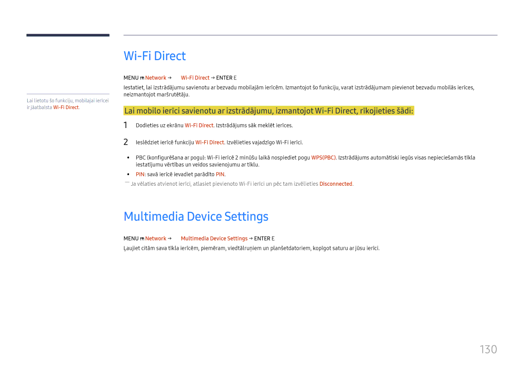 Samsung LH65DMEXTBC/EN manual Multimedia Device Settings, 130, Menu m → Network → Wi-Fi Direct → Enter E 