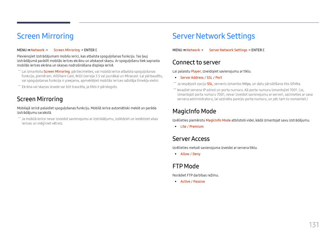 Samsung LH65DMEXTBC/EN manual Screen Mirroring, Server Network Settings, 131 