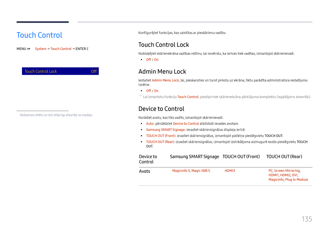 Samsung LH65DMEXTBC/EN manual 135, Touch Control Lock, Admin Menu Lock, Device to Control 