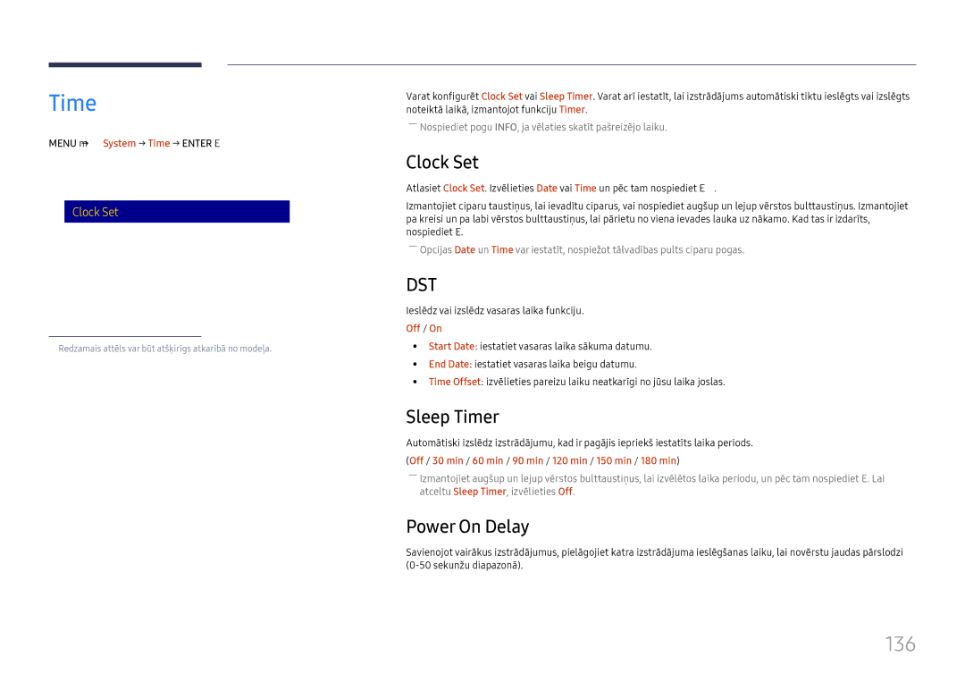 Samsung LH65DMEXTBC/EN manual 136, Clock Set, Sleep Timer, Power On Delay 