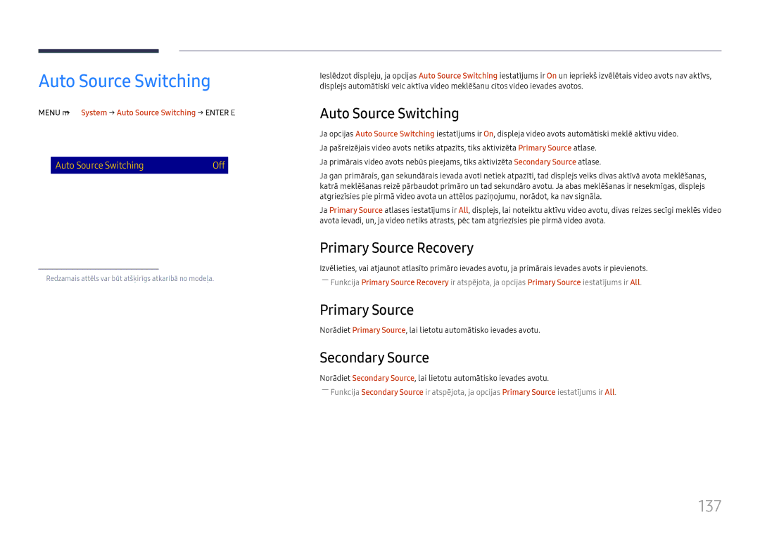 Samsung LH65DMEXTBC/EN manual Auto Source Switching, 137 