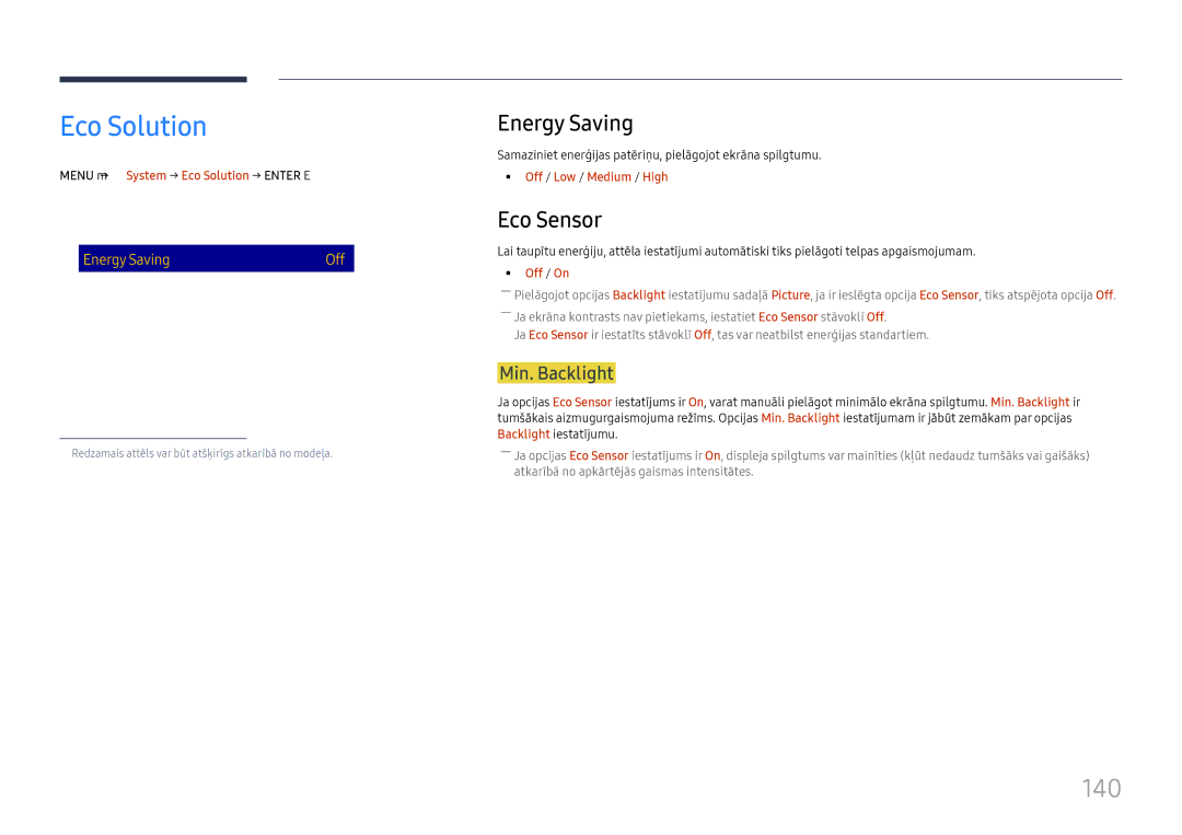 Samsung LH65DMEXTBC/EN manual Eco Solution, 140, Energy Saving, Eco Sensor 