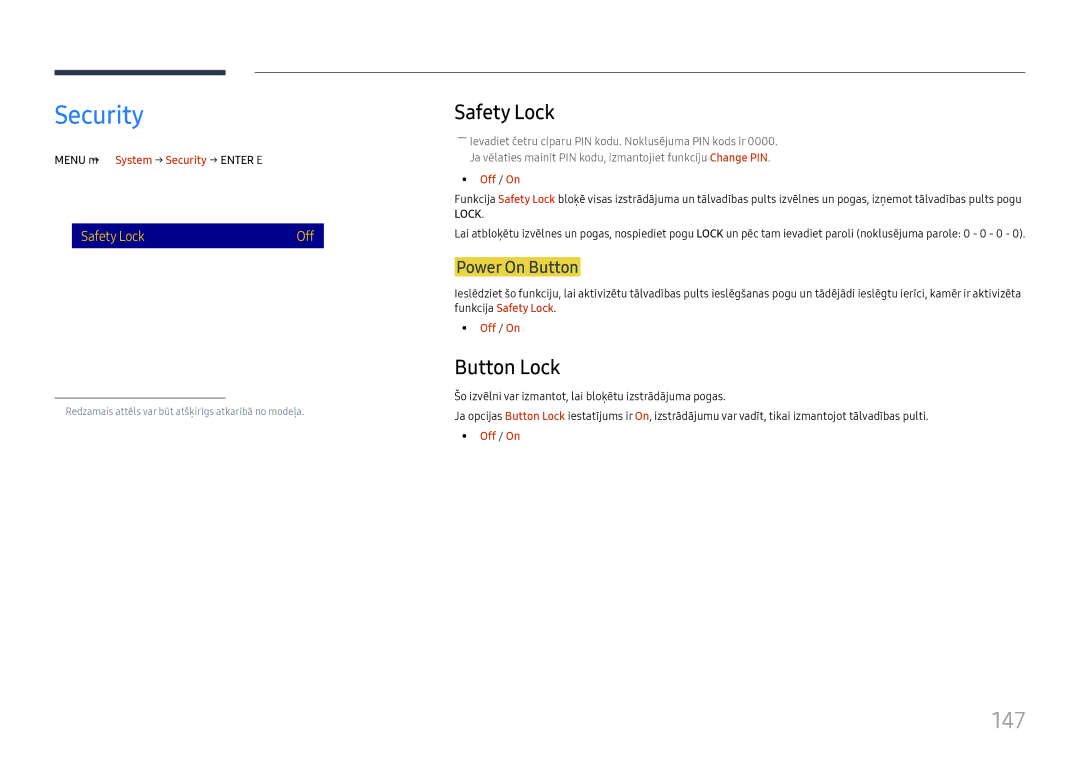 Samsung LH65DMEXTBC/EN manual Security, 147, Safety Lock, Button Lock 