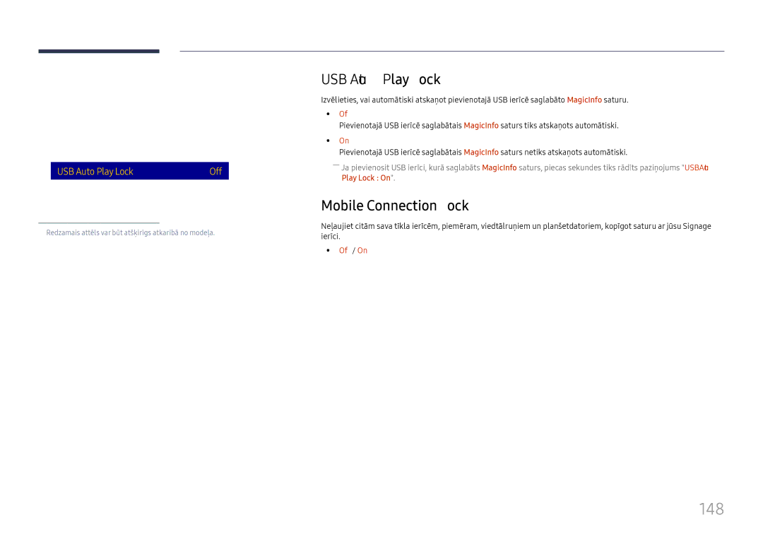 Samsung LH65DMEXTBC/EN manual 148, USB Auto Play Lock, Mobile Connection Lock, Safety Lock 
