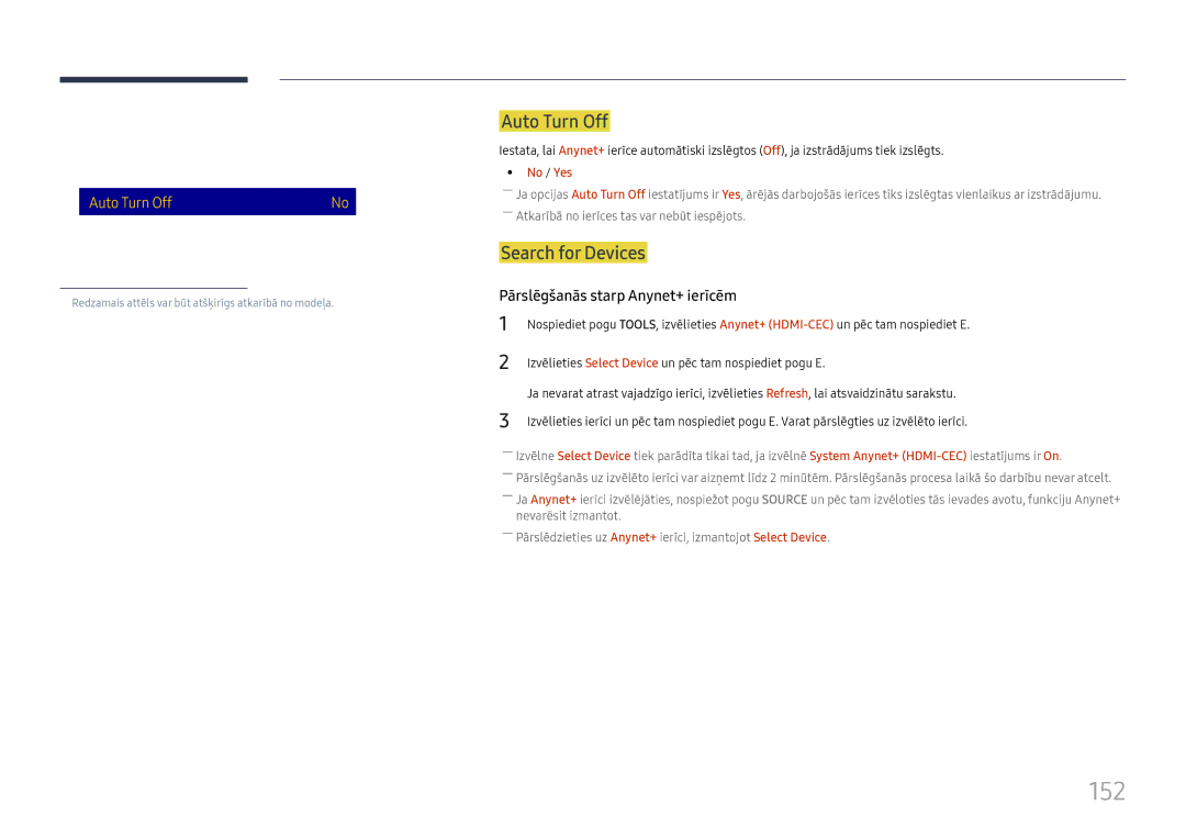 Samsung LH65DMEXTBC/EN manual 152, Anynet+ HDMI-CEC, Auto Turn Off, Search for Devices, Pārslēgšanās starp Anynet+ ierīcēm 