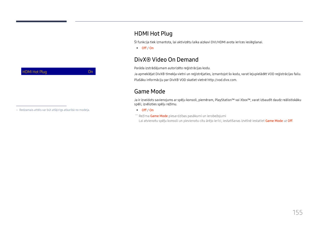 Samsung LH65DMEXTBC/EN manual 155, Hdmi Hot Plug, DivX Video On Demand, Game Mode 