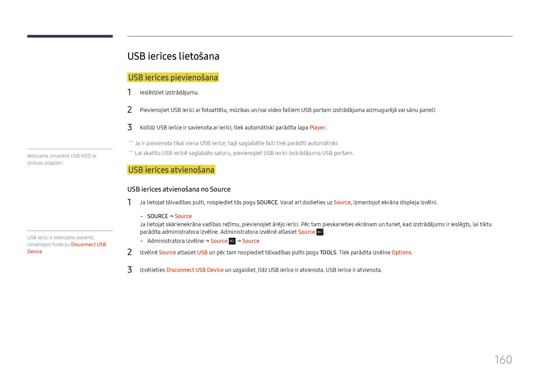 Samsung LH65DMEXTBC/EN manual 160, USB ierīces lietošana, USB ierīces pievienošana, USB ierīces atvienošana 