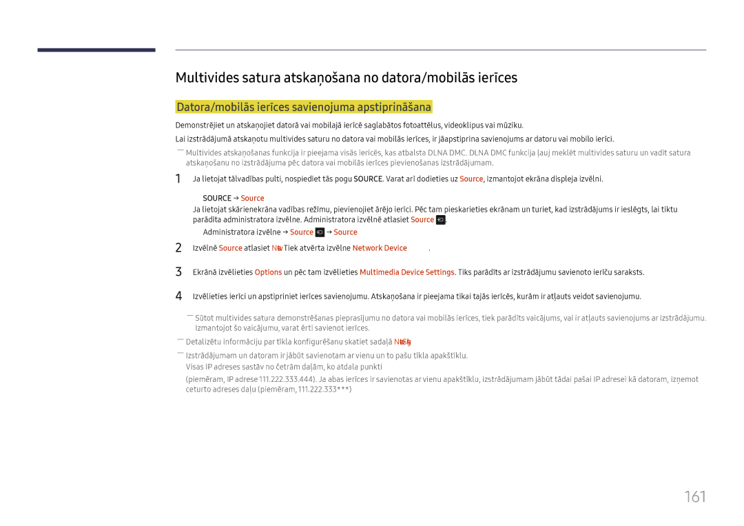 Samsung LH65DMEXTBC/EN manual 161, Multivides satura atskaņošana no datora/mobilās ierīces 