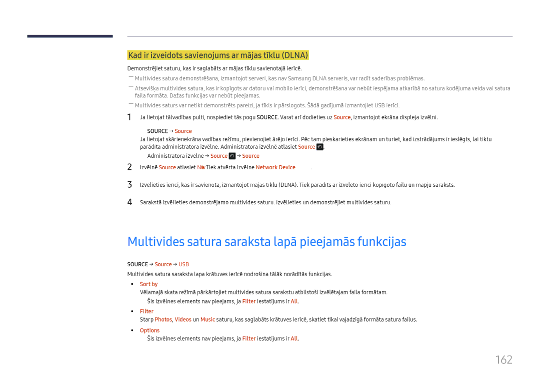 Samsung LH65DMEXTBC/EN manual Multivides satura saraksta lapā pieejamās funkcijas, 162, Source → Source → USB, Filter 