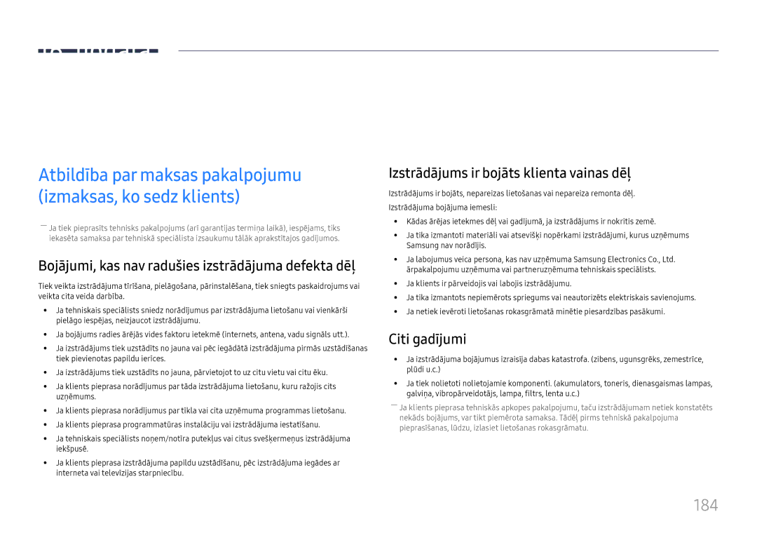 Samsung LH65DMEXTBC/EN manual Pielikums, 184, Izstrādājums ir bojāts klienta vainas dēļ, Citi gadījumi 