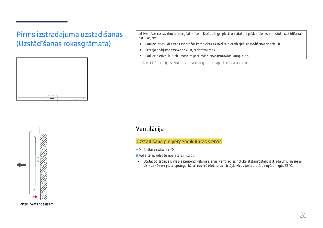 Samsung LH65DMEXTBC/EN manual Ventilācija, Uzstādīšana pie perpendikulāras sienas, Attēls. Skats no sāniem 