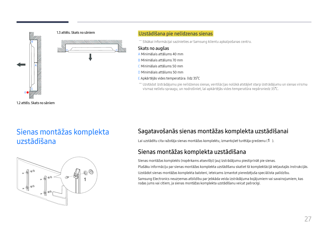 Samsung LH65DMEXTBC/EN manual Sienas montāžas komplekta uzstādīšana, Sagatavošanās sienas montāžas komplekta uzstādīšanai 