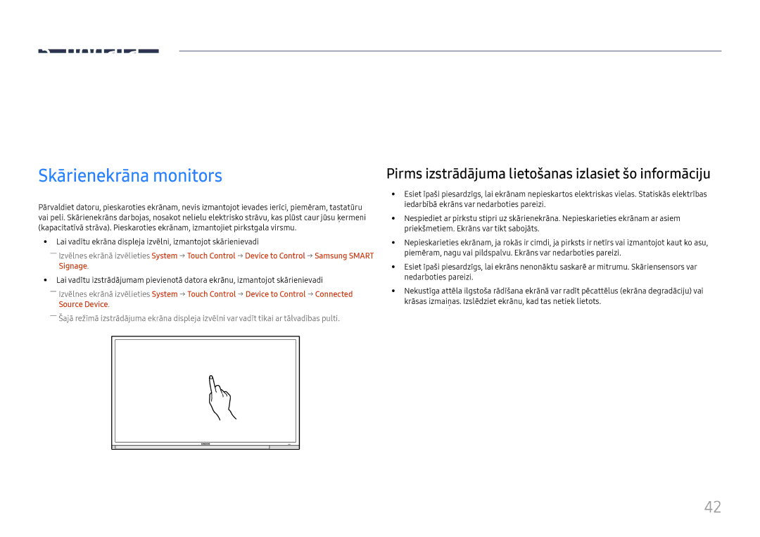 Samsung LH65DMEXTBC/EN manual Skārienekrāna monitora lietošana, Skārienekrāna monitors 